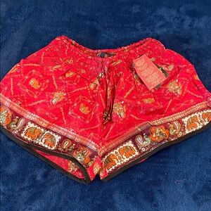Red Bohemian Elephant Border Athletic Shorts with Drawstring